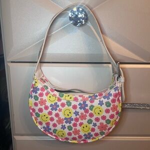 Floral and Smiley Face Shoulder Handbag